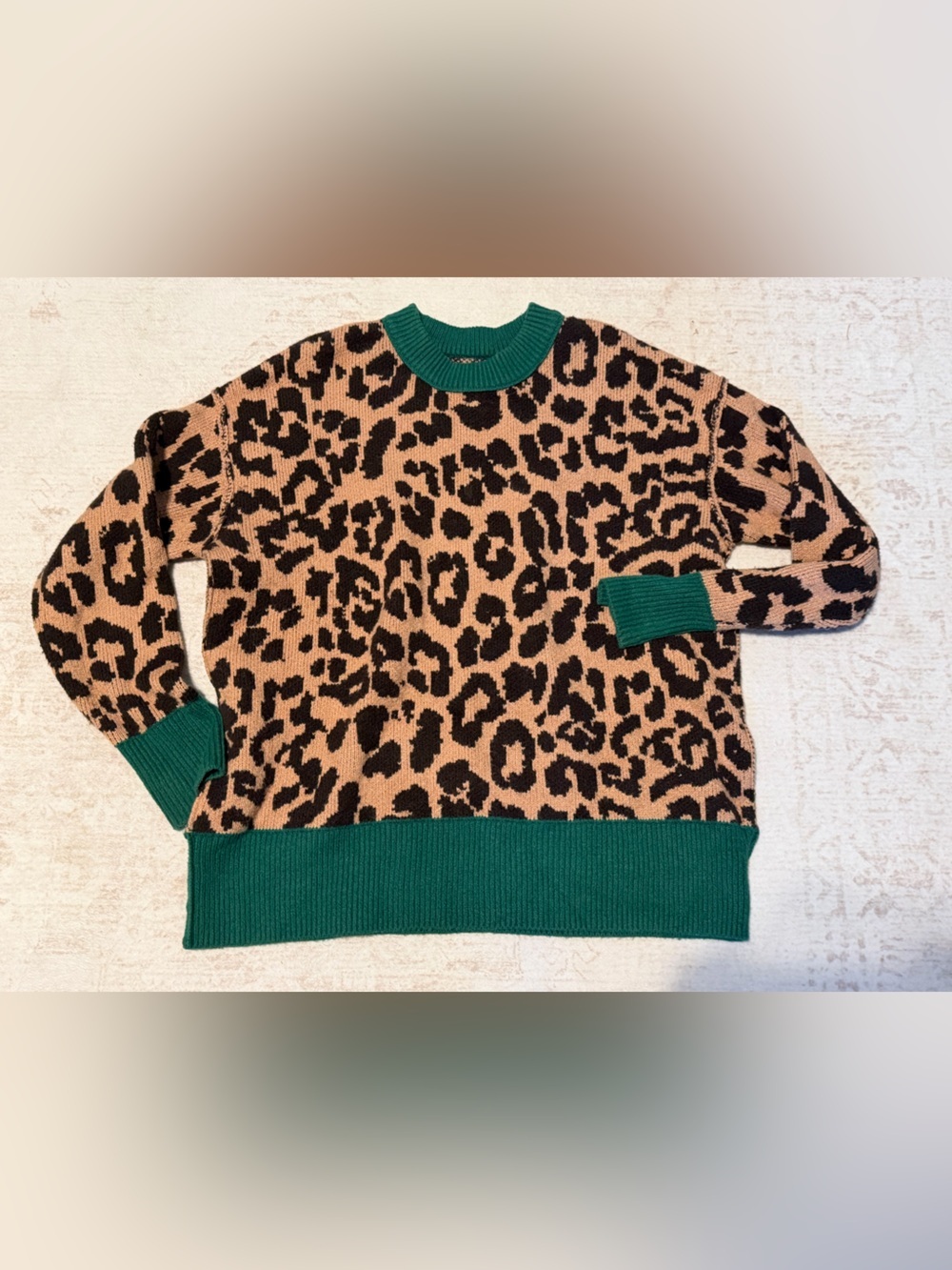 aerie Green Trim Brown Leopard Knit Sweater